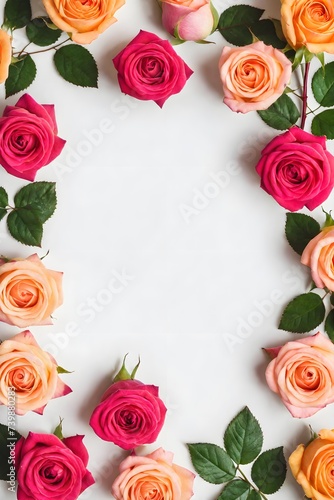 Framed rose flowers highlighted in the background, top view. Mixed flower arrangements. A place to copy. Flowers for Mom. Wedding concept, Mother's Day, beautiful bridal bouquet, Birthday, Valentine's