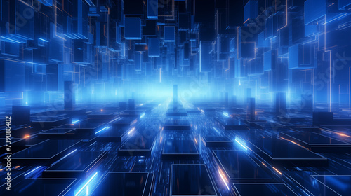 Luminous blue geometric architecture background image. Matrix of advanced computing desktop wallpaper picture. Digital infrastructure photo backdrop. Sci-fi concept composition