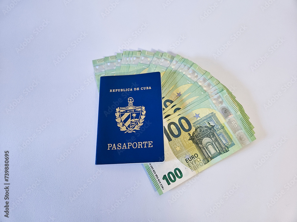 An ordinary Cuban passport with several euro bills, on a white background. An ordinary Cuban passport with several euro bills, on a white background.