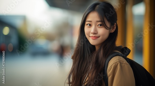 Happy girl student. Portrait of female Asian student with backpack