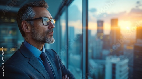 Businessman in suit and glasses standing by window with city skyline in background, urban professional concept