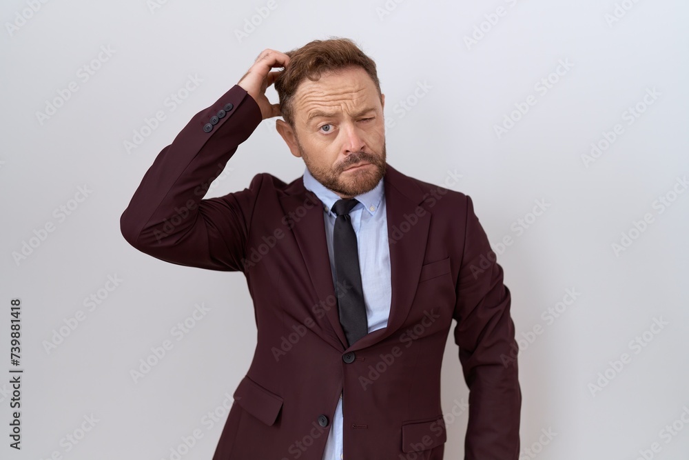 Middle age business man with beard wearing suit and tie confuse and wondering about question. uncertain with doubt, thinking with hand on head. pensive concept. Middle age business man with beard wearing suit and tie confuse and wondering about question. uncertain with doubt, thinking with hand on head. pensive concept.