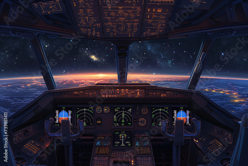 Cockpit view of a spaceship with a galaxy view through the window