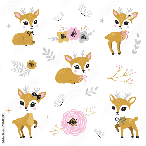 Illustration of cute deer  fawn. Baby  child  cute portrait. Little face  little animal  pet. Brown character  colorful graphic. Stickers  wall art  kids room decoration  cutie full face  small fawn