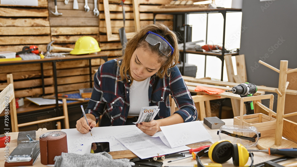Young, beautiful hispanic woman carpenter counts dollars, taking business notes during woodwork session in indoor workshop Young, beautiful hispanic woman carpenter counts dollars, taking business notes during woodwork session in indoor workshop