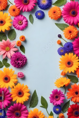 Framed flowers isolated on background top view. Mixed flower arrangements. Copy space. Blooms for mom. Wedding concept, Mother day, Bride beautiful bouquet, Birthday, Valentine day. © 360VP