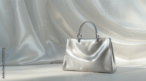 A sleek graphite grey handbag on a luminous pearl white background, creating a sophisticated setting for copy. 32K, epic details. © Noreen