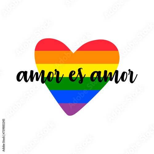 Logo con texto manuscrito amor es amor en español sobre corazón con color bandera lgbt arco irir para evento del mes del orgullo gay
