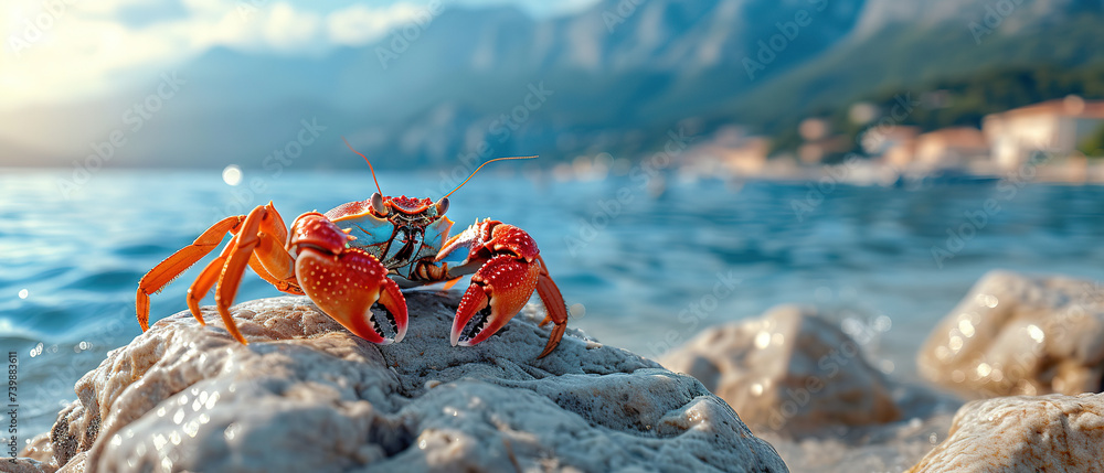 Red crab on stone with sea and mountains background Red crab on stone with sea and mountains background