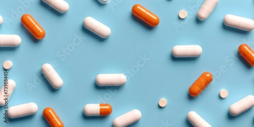 Tablets and capsules are scattered on a blue background. Advertising banner for medical purposes.