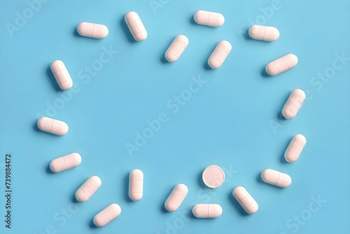 Tablets and capsules are scattered on a blue background. Advertising banner for medical purposes.