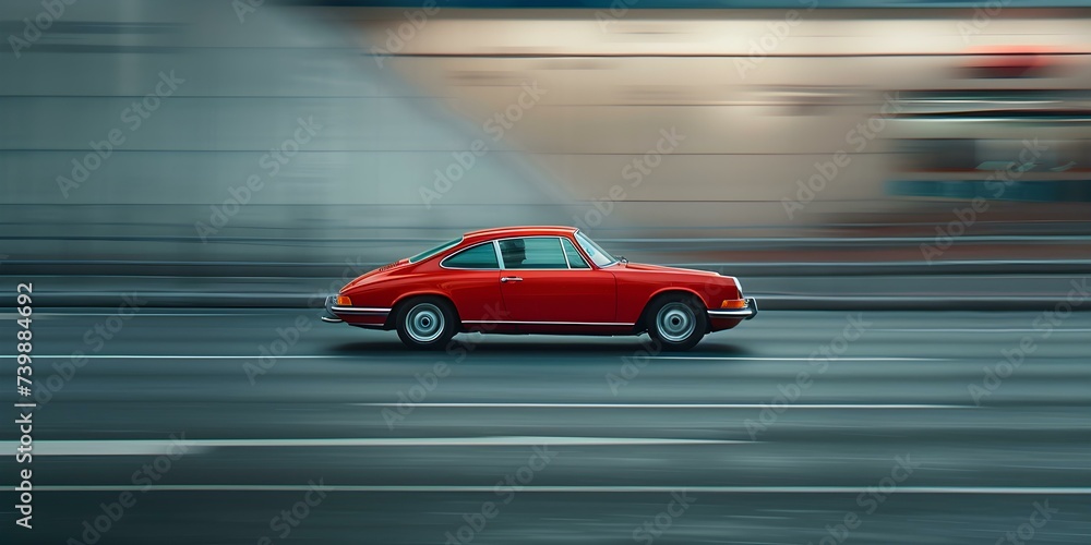 A single red car zooms down a bustling highway amidst blurred motion. Concept Motion Blur, Red Car, Highway Traffic, Fast Speed, Transportation