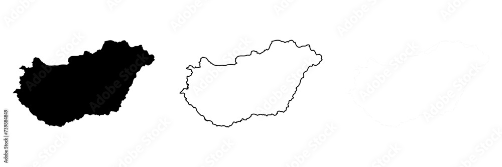 Hungary country silhouette. Set of 3 high detailed maps. Solid black silhouette, thick black outline and thin black outline. Vector illustration isolated on white background.