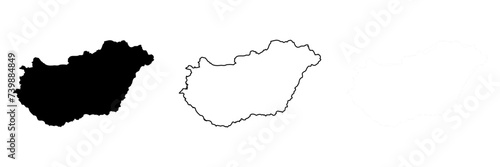 Hungary country silhouette. Set of 3 high detailed maps. Solid black silhouette, thick black outline and thin black outline. Vector illustration isolated on white background.