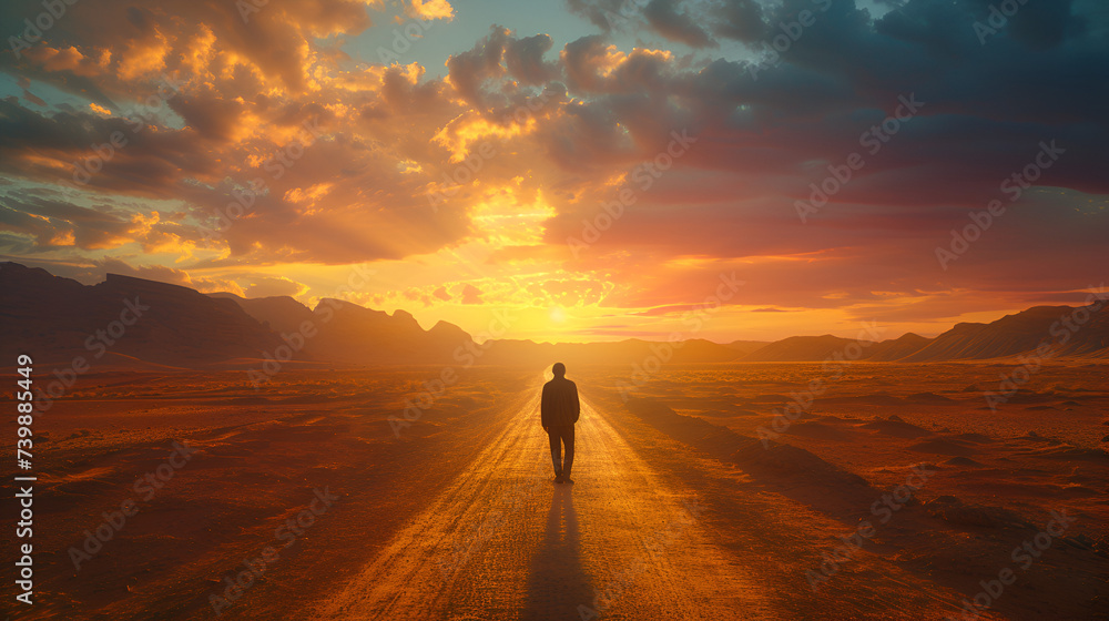Man walking alone on a desert road toward mountains, generative ai