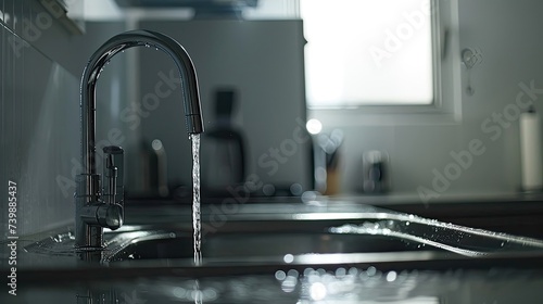 kitchen  dishwashing sink  stainless steel tap  water flow  wall  white background  soft  close-up  real  Sony FE  UHD  high quality 