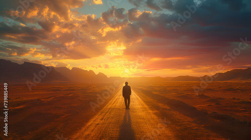 Man walking alone on a desert road toward mountains, generative ai © Chaman