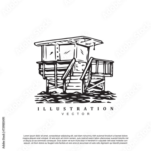 Vintage retro hand drawn beach lifeguard post vector art illustration
