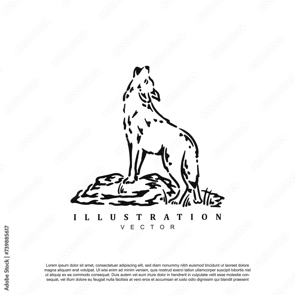 Simple premium howling lone wolf logo design vector art illustration
