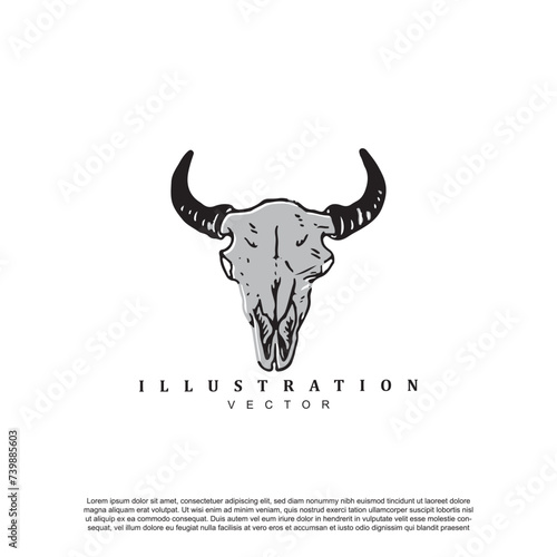 Vintage retro hand drawn grunge engraved bull head skull logo design isolated on white background
