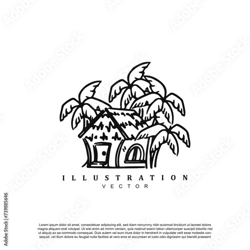 Vintage retro hand drawn cottage or bungalow resort beach paradise vector art illustration
