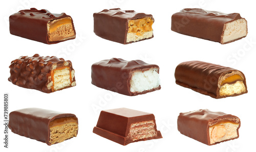 Tableau sur toile Set of Cut chocolate bar with stretching caramel, isolated on transparent backgr