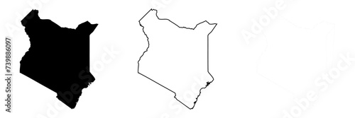 Kenya country silhouette. Set of 3 high detailed maps. Solid black silhouette, thick black outline and thin black outline. Vector illustration isolated on white background.