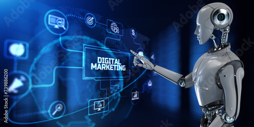 Digital marketing automation concept. Robot pressing button on screen 3d render. © Murrstock
