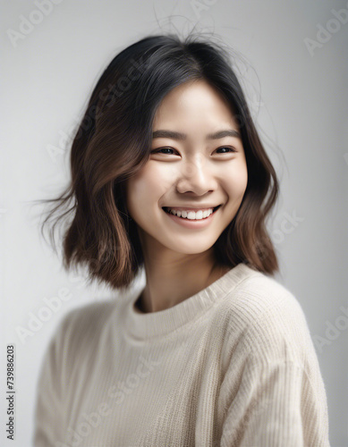Portrait of an Asian young woman with a happy and sincere smile, isolated white background. copy space for text 
