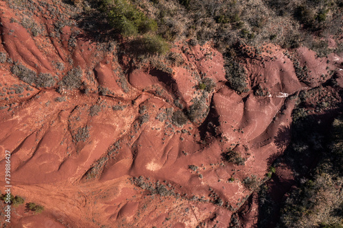 Aerial view of a red sandstone canyon with river and trees © FRPhotos