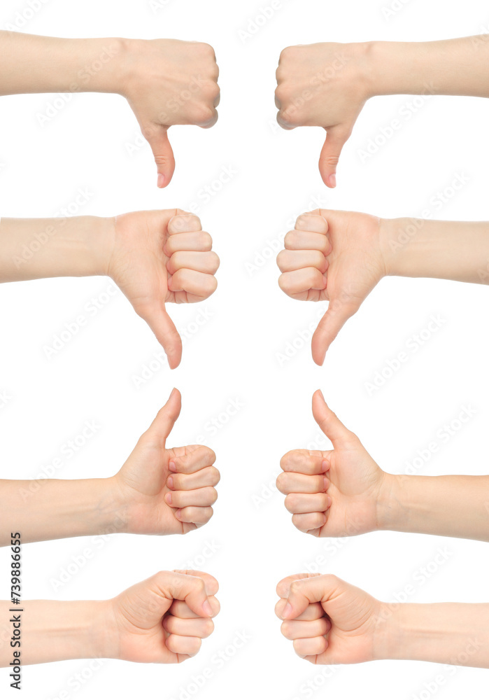 Set of Woman hands with like and dislike gestures, isolated on transparent background