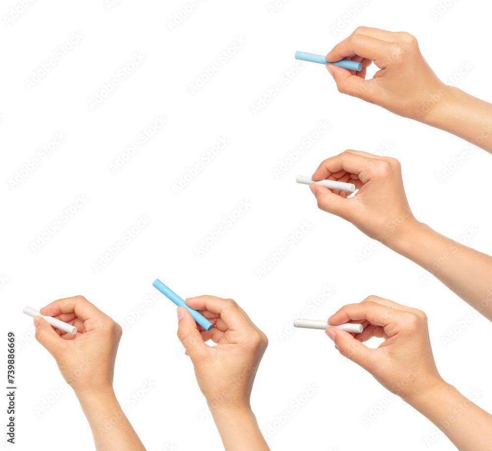 Set of Women Hands, which holding a chalk, isolated on transparent background Set of Women Hands, which holding a chalk, isolated on transparent background