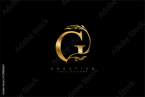 luxury gold letter G logo design with beautiful flower and leaf ornaments. monogram G  logo typography. initials G. typography. for business logos  boutiques  companies  beauty  etc