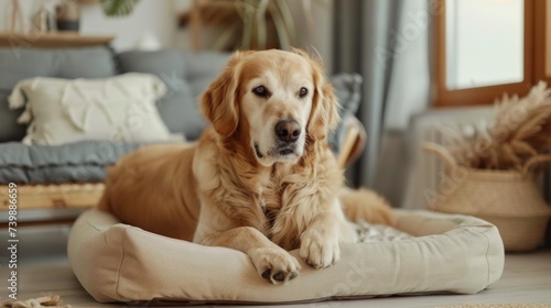 The dog sleeps in the house on a pet bed. Advertising background for pet supply stores.