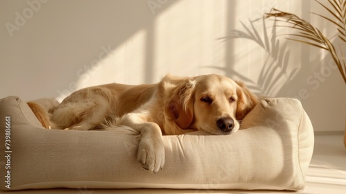The dog sleeps in the house on a pet bed. Advertising background for pet supply stores.
