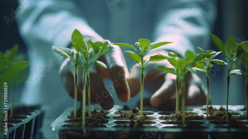 Close-up of a scientist's hands adding chemicals, fertilizers to plant seedlings in the laboratory. Research and invention of pest control products, biotechnology, Botany, Chemistry concepts.