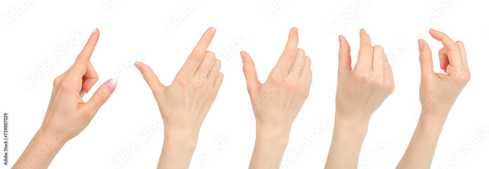 Set of Woman hands with gestures like touching mobile phone screen, isolated on transparent background - obrazy, fototapety, plakaty 