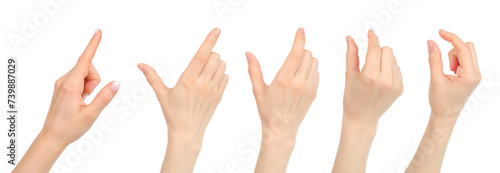 Set of Woman hands with gestures like touching mobile phone screen, isolated on transparent background photo