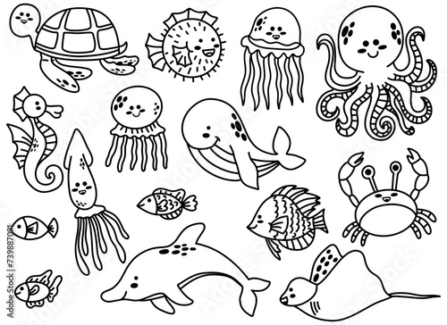 Photography Set with hand drawn line sea animals