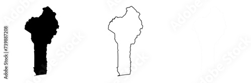 Benin country silhouette. Set of 3 high detailed maps. Solid black silhouette, thick black outline and thin black outline. Vector illustration isolated on white background.