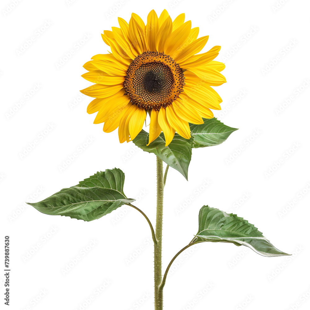 Single sunflower with leaves and stem on an isolated background Single sunflower with leaves and stem on an isolated background