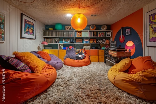 retro living room filled with shag carpeting, lava lamps, bean bag chairs, and a vinyl record player