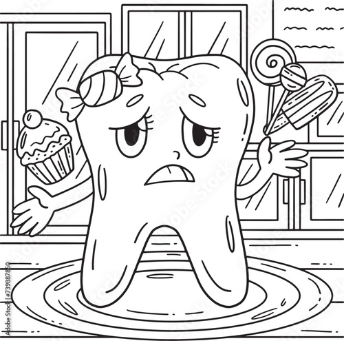 Dental Care Tooth with Candies Coloring Page 