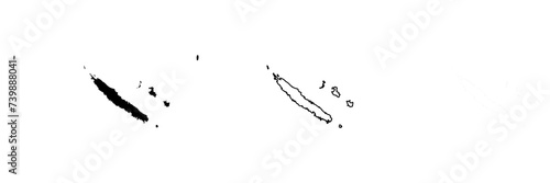 New Caledonia islands silhouette. Set of 3 high detailed maps. Solid black silhouette, thick black outline and thin black outline. Vector illustration isolated on white background.