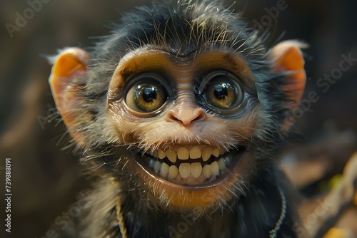 Closeup of a smiling monkey showcasing its large teeth and expressive eyes. Concept Wildlife Photography, Animal Portraits, Monkey Closeup, Expressive Eyes, Teeth Display