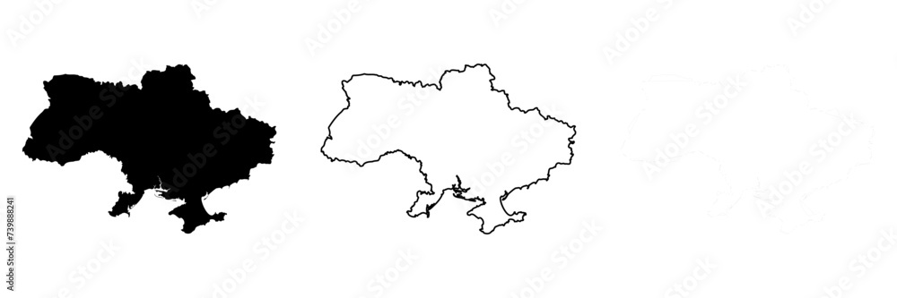 Ukraine country silhouette. Set of 3 high detailed maps. Solid black silhouette, thick black outline and thin black outline. Vector illustration isolated on white background.