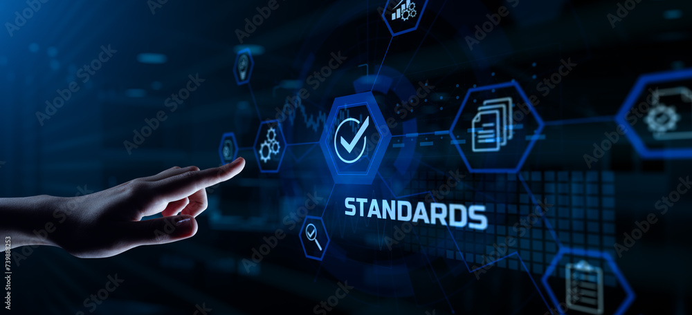 Standard standardization certification quality control assurance. Hand pressing button on virtual screen. Standard standardization certification quality control assurance. Hand pressing button on virtual screen.