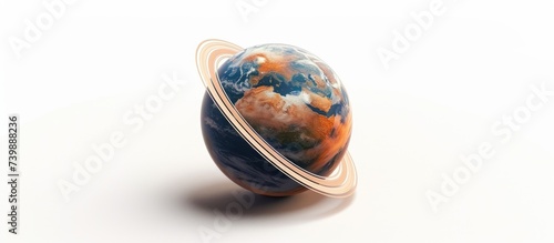 This is a 3D illustration of an alien exoplanet with a ring system resembling Earth, potentially suitable for supporting life, set against a white backdrop.
