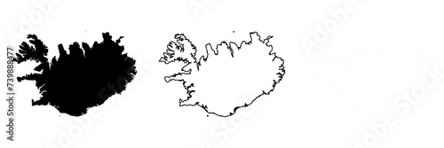 Iceland country silhouette. Set of 3 high detailed maps. Solid black silhouette, thick black outline and thin black outline. Vector illustration isolated on white background.