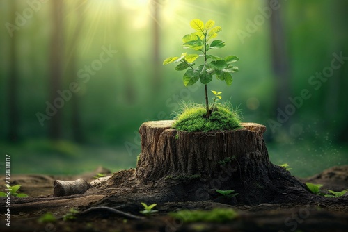A young tree sprouts atop an old stump, symbolizing new life and resilience in a serene forest © PhotoPhantom
